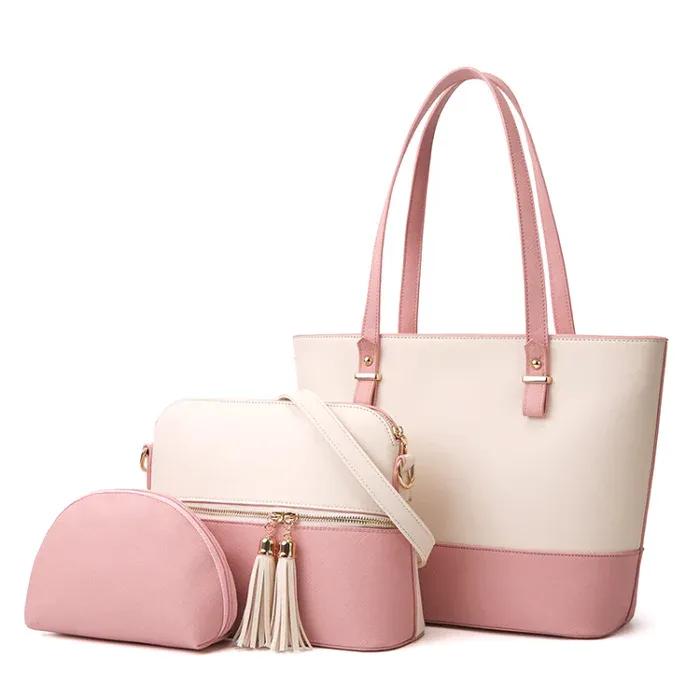 Stylish Women's PU Leather Hand Bag Set - 3 Pcs in White & Pink